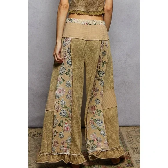 POL French Terry Patchwork Pants Ruffle Hem Floral Boho Acid Wash Tan Small - Picture 6 of 7